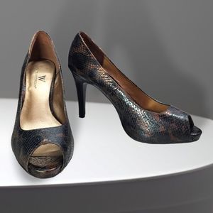Worthington Brown-Copper Peep Toe Snakeskin Slip-in Heels